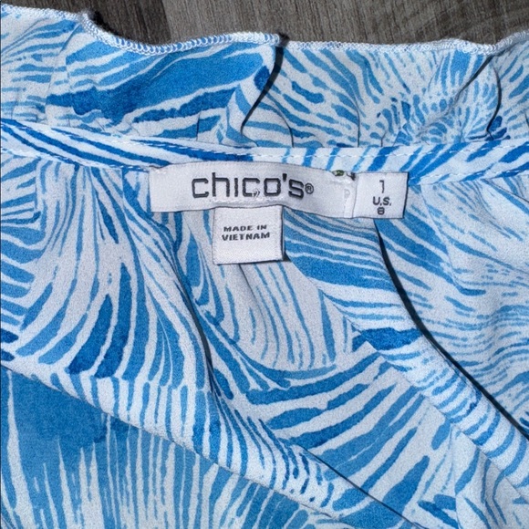 NEW Chico's $149 Chiffon Bell Sleeve Dress 1 blue and white seashells 6 smocked - Picture 3 of 11